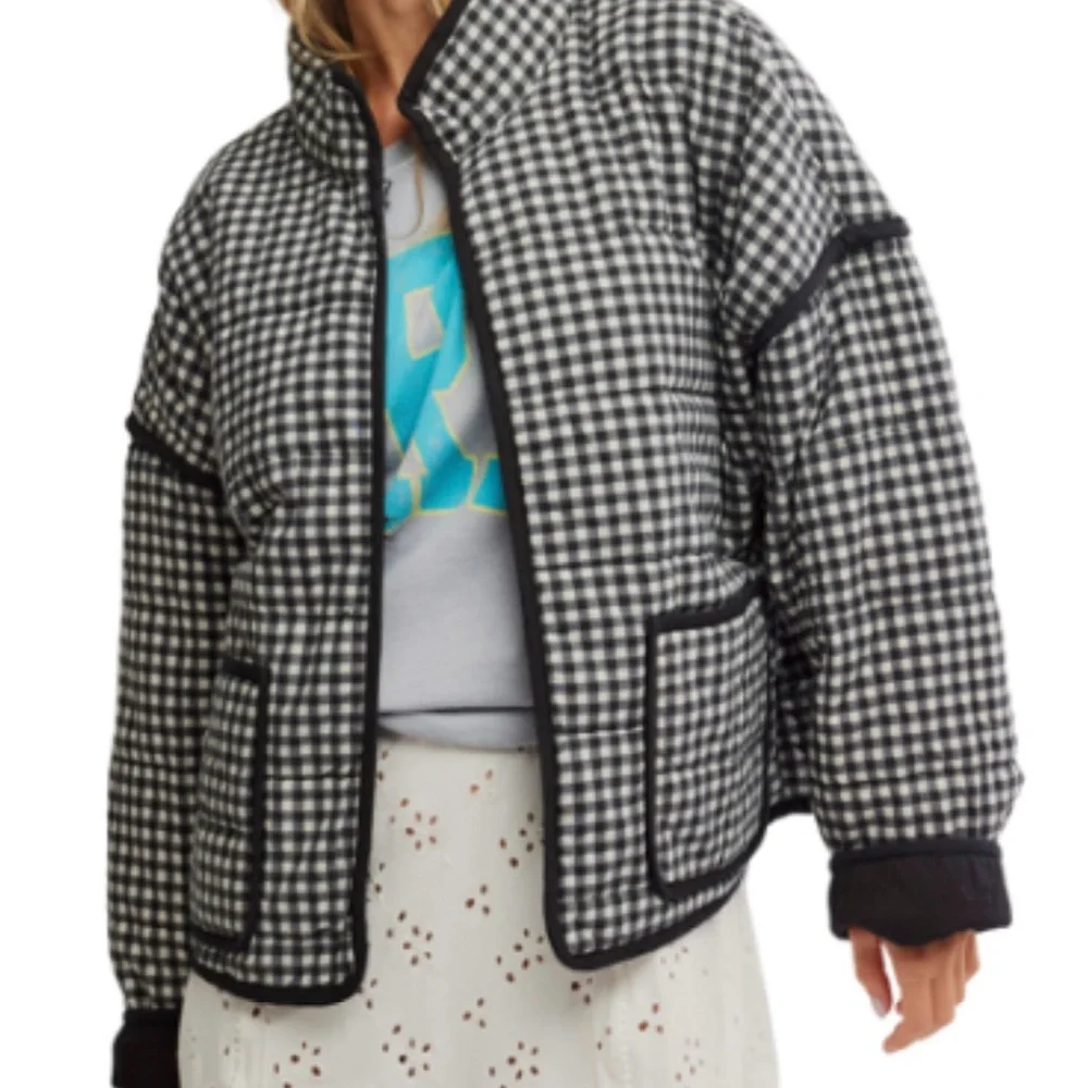 Free People Checkered Bomber Jacket in Black and White - Picture 1 of 5
